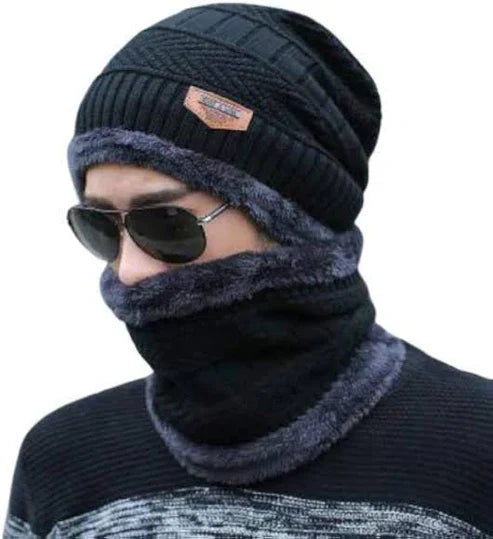 Winter Woolen Beanie Cap & Neck Warmer Combo β Stylish Head & Neck Protection for Men & Women (Random Color) β Free Delivery!
